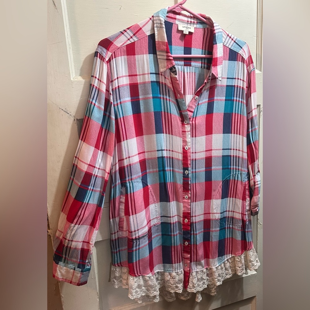 Umgee Pink and Blue Plaid Blouse with Lace Trim - Picture 1 of 2